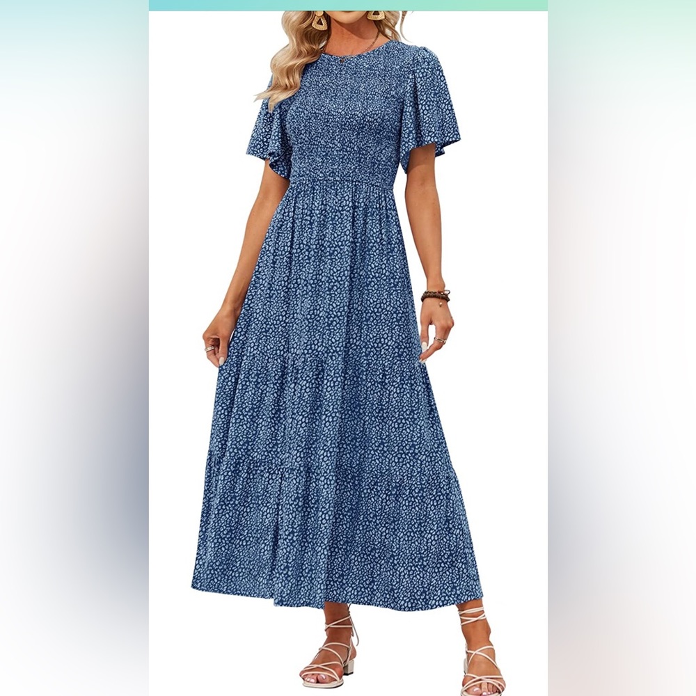 Floral Print Short Flutter Sleeve Crew Neck Smocked High Waist Flowy Maxi Dress